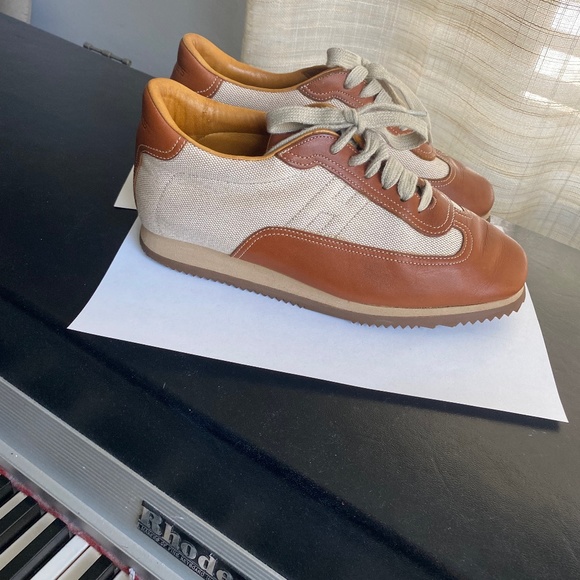 Hermes brown leather beige canvas fashion sneakers trainers size 38 Italy H logo - Picture 6 of 8